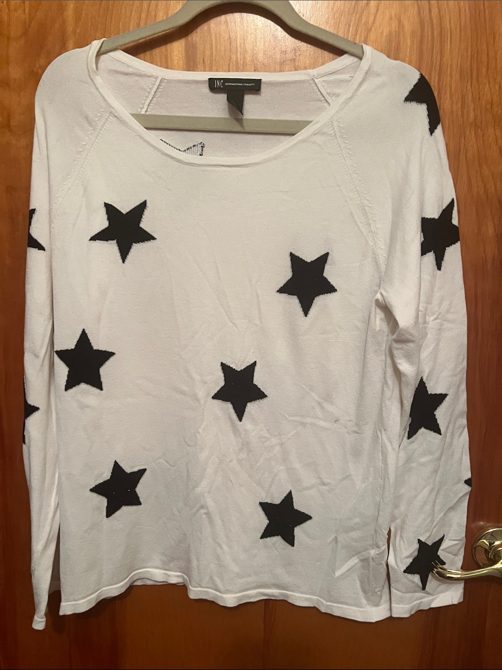 INC International Concepts White Long Sleeve Top with Black Star Print